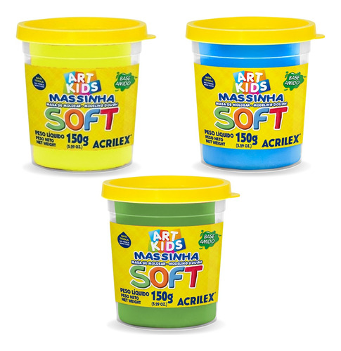 Kit 450g Massa Modelar Acrilex Soft 3 Cores Infantil Escolar