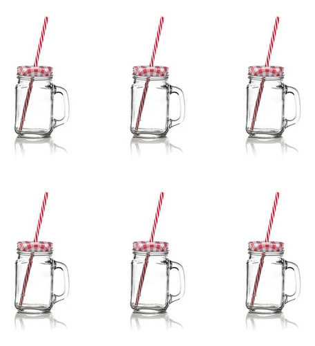 Set 6 Tarro Frasco Mason Jar Liso Vidrio 480ml Tapa Y Popote
