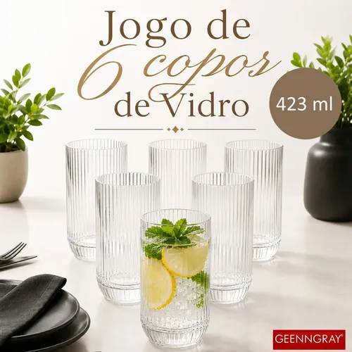 Jogo 6 Copos De Vidro Canelado 423ml Cameratta Água Suco Refrigerante Gourmet Premium Luxo Elegante Drink Café Whisky... Transparente