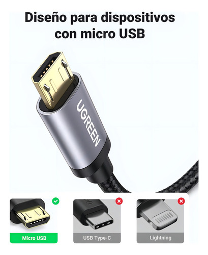 Ugreen Cable Usb A Micro Usb Carga Rápida 3m Celular Ps4 Color Negro