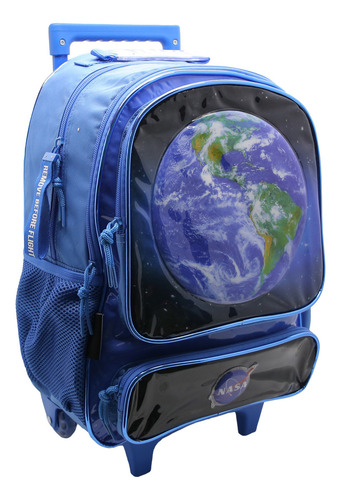 Mochila Escolar Cresko La Nasa Espacial 16p Carrito Rueditas Color Azul