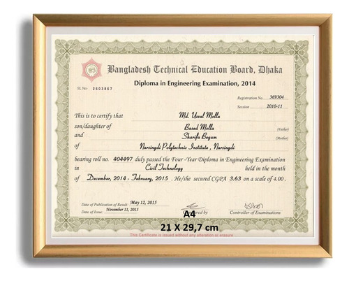 Marco Diploma Certificado Título 21x29,7cm. Dorado Deluxe