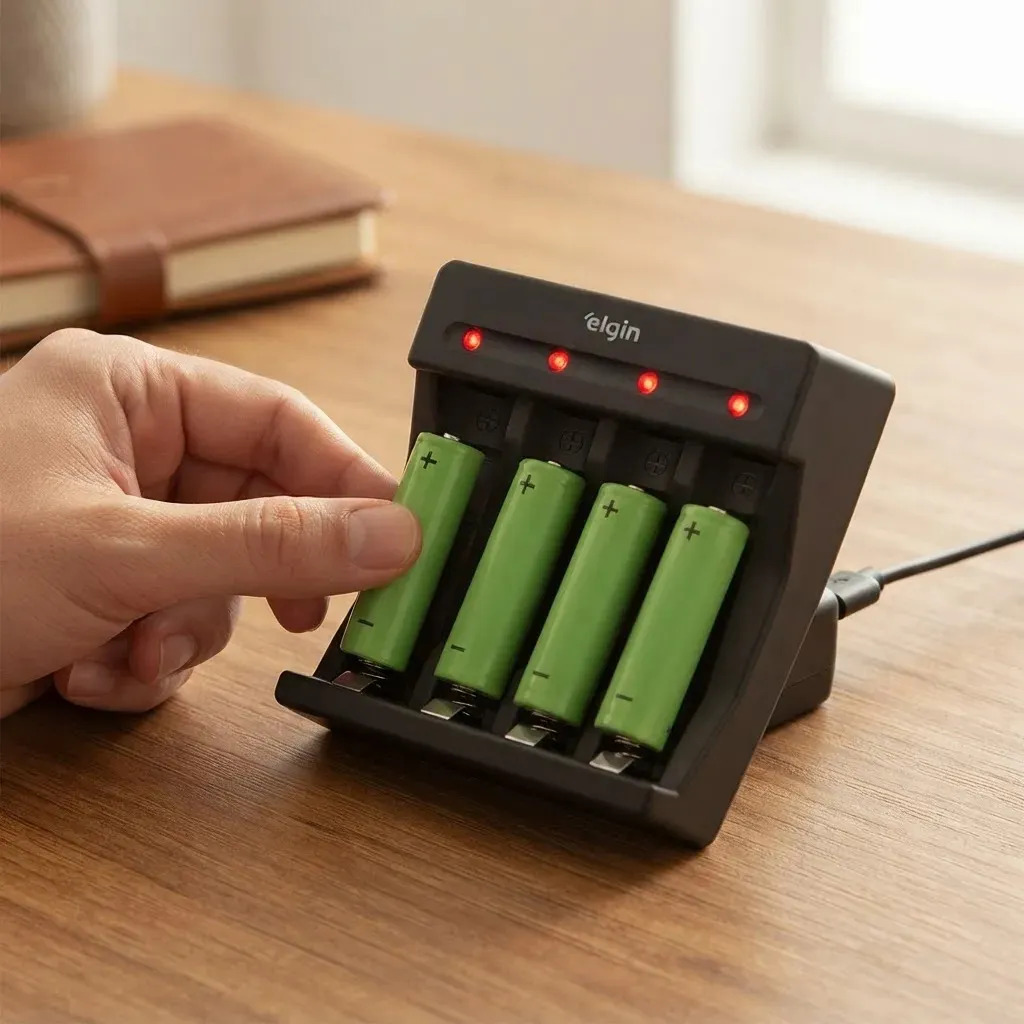Carregador USB-C Elgin P/ Pilhas e Baterias AA AAA E 9V