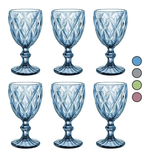 Juego 6 Copas Vino Agua Cristal Labrado Vidrio Color Vintage Color Azul cobalto