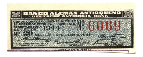 Cupón Acción Banco Alemán Antioqueño 1924