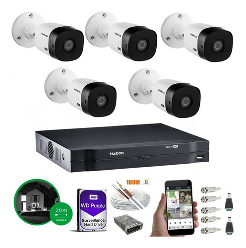 Kit Cftv 5 Câmeras Intelbras Vm 1120b G4 Dvr 8 Canais Hd 1tb