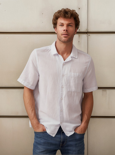 Camisa Linen Cotton Cuban Celeste Calvin Klein
