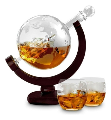 Juego De Decantador De Whisky Globe Con 2 Vasos Grabados .