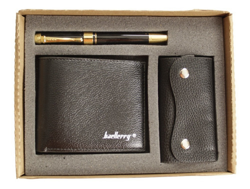 Set Cartera Billetera Hombre, Porta Llaves Y Pluma Color Negro