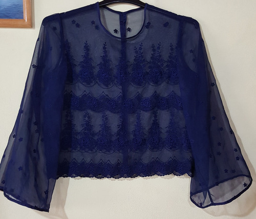 Blusa Gasa Bordada Azul Muy Fina Impecable