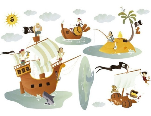 Vinilo Decorativo Infantil Piratas-i 02, Barco Pirata, Isla.