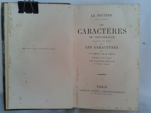 Imagen 1 de 5 de Les Caracteres De Thephraste La Bruyere  En Frances Garnier