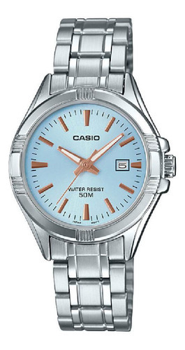 Reloj Casio De Dama Modelo Ltp-1308 Caratula Azul Color de la correa Plateado