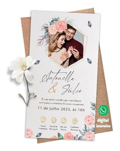 Convite Casamento Interativo Com Foto Digital Folha E Flores