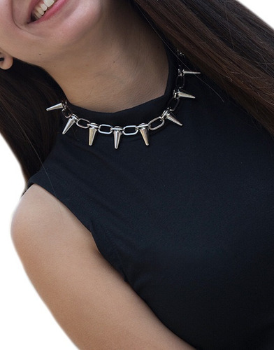 Collar Cadena Puntas Acero Plateado Punk Rock