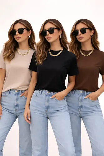 Kit 3 Blusas Feminina Camiseta T-shirt Gola Redonda Lisas Bege-preto-marrom G