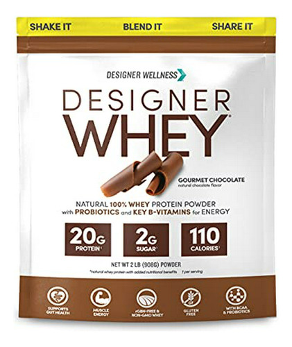 Designer Whey, Proteína De Suero Natural Con Probióticos, Fibra Y Vitaminas B Clave Para Energía, Sin Gluten, Chocolate Gourmet, 2 Lb