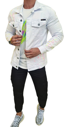 Imagem 4 de 4 de Jaqueta Branca Respingos Tinta Neon Jeans Premium