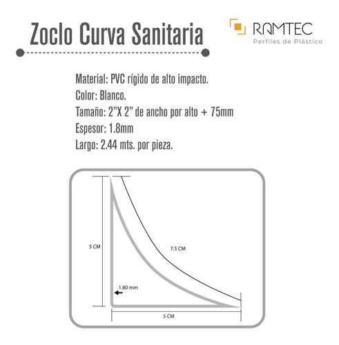 Imagen 3 de 8 de Zoclo Curva Sanitaria Pvc Blanco (4 Piezas De 2.44mts)