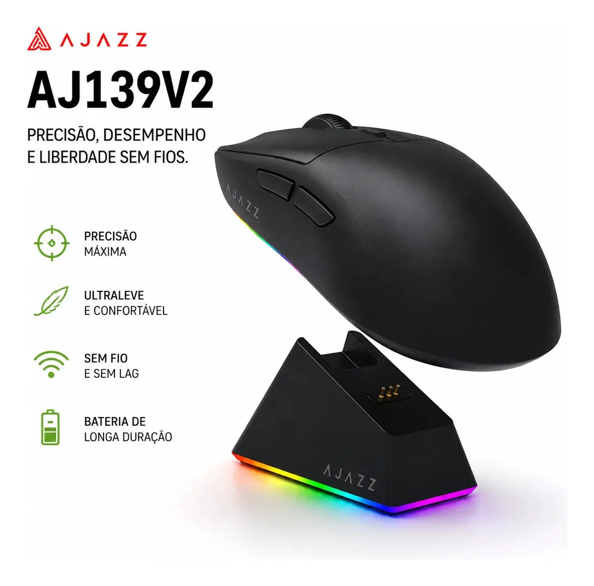 Ajazz AJ139 V2 Mouse Gamer Sem Fio Preto Sensor Óptico 12000/24000 DPI RGB Recarregável