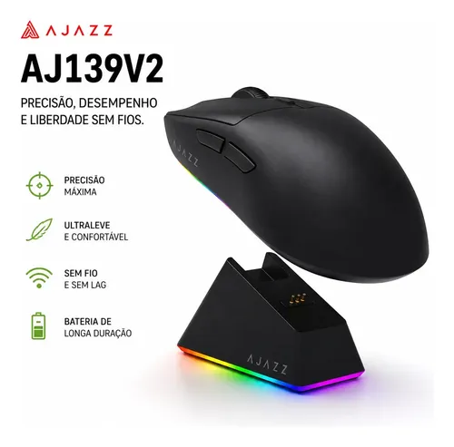 Ajazz AJ139 V2 Mouse Gamer Sem Fio Preto Sensor Óptico 12000/24000 DPI RGB Recarregável