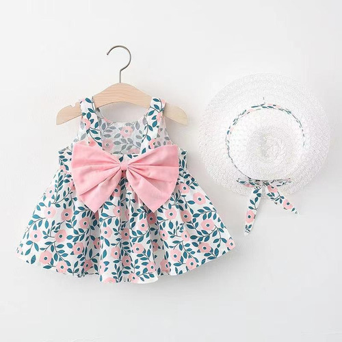 2pcs Vestido De Verano Bebé Con Sombrero Y Estampado Floral