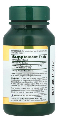 Nature's Bounty Probiotico Acidophilus Sistema Digestivo 100 Sin Sabor