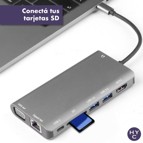 Imagen 5 de 10 de Hub Usb C Multipuerto 8 En 1 Hdmi Vga Audio Sd Usb 3.0 C Red