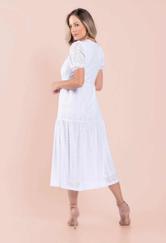 Imagem 4 de 5 de Vestido Mídi Malha Lese Branco Casamento Civil Ensaio
