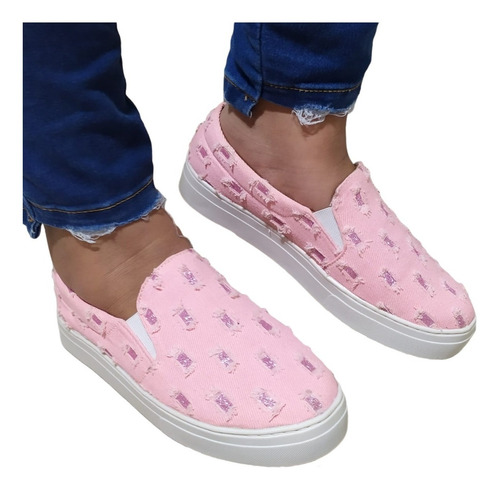Imagem 2 de 7 de Tenis Feminino Casual Slip On Sapatenis Jeans Rasgado Gliter