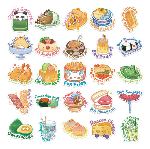 50 Pegatinas Con Dibujos Animados Kawaii, Postres, Comida, G