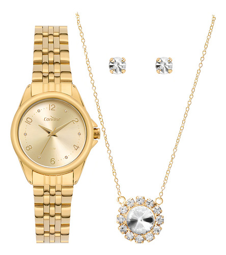Kit Relógio Feminino Dourado Condor Dia A Dia Com Semijoia Fundo Champagne