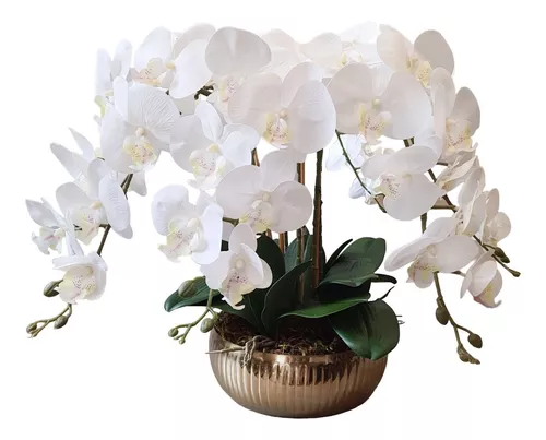 Arranjo Orquídea Silicone Branca No Vaso Dourado Martelado |  CASAGRANADODECOR