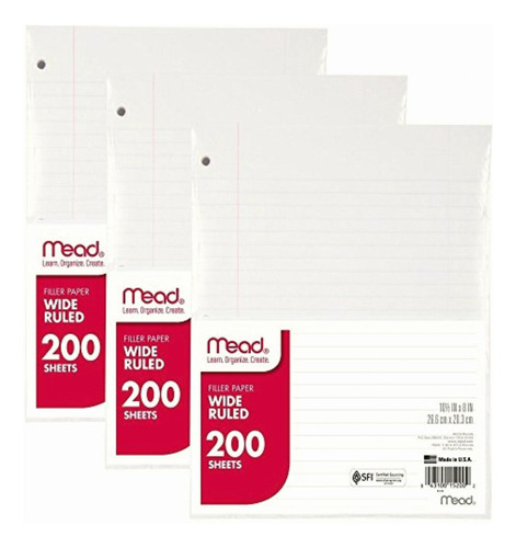 Filler Paper By Mead, Wide Ruled, 200 Sheets (15200), 3 Pack