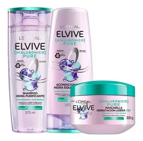 Shampoo Elvive Hialurónico Pure 680 Ml + Acond + Mascarilla 