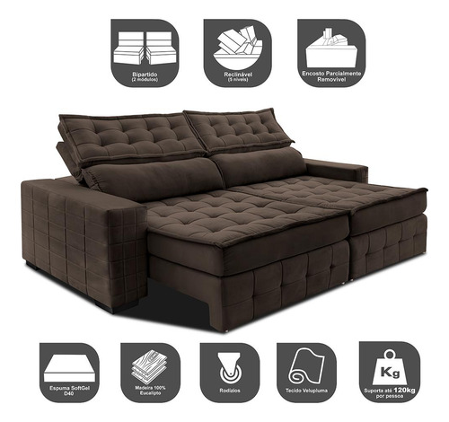 Sofá Retrátil 2,75m Cama Inbox Big Puffer. Com Softgel d40 Cor Café
