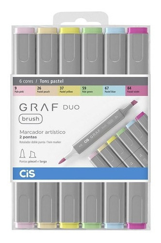Marcador Cis Graf Duo Brush Com 6 Cores Tons Pastel
