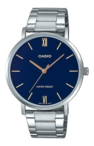 Reloj pulsera Casio MTP-VT01 con correa de acero inoxidable color plateado - fondo azul