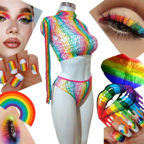 C^ Conjunto De Lencería De Red Arcoiris Sensual Con Gorro