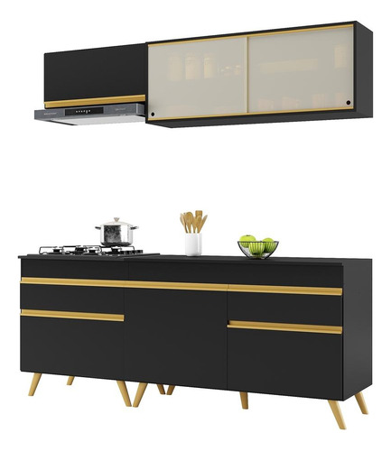 Armário De Cozinha Compacta 190cm Veneza Multimóveis V3707 Cor Preto/Dourado