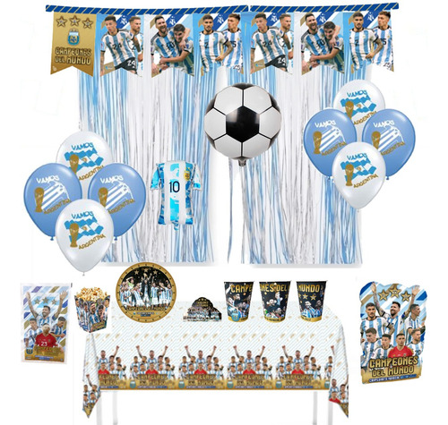 Kit Combo Cotillon Argentina Mundial Globos Y Descartable