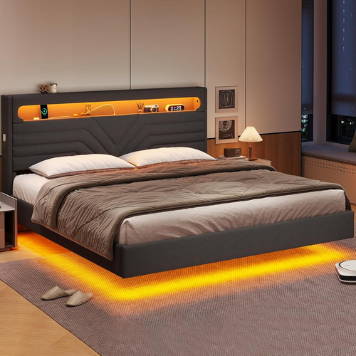 Base De Cama King Size C/ Cabecera Con Luz Led & Usb Grey