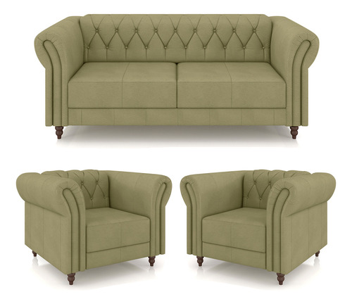 Conjunto Sofá 180cm E 2 Poltronas Chesterfield Couro Fendi