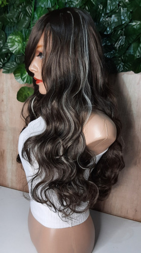 Peruca Longa Ondulada Orgânica Efeito Mechas/luzes C/franja Tamanho Da Base M Tonalidade 8f/613 Castanho Com Mechas Platina