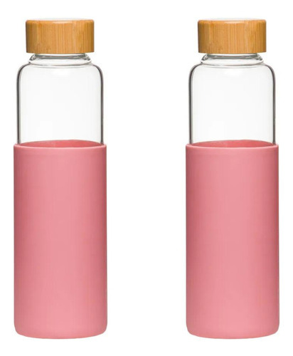 2 Garrafas De Vidro Com Silicone Tampa De Bambu 550ml Rosa