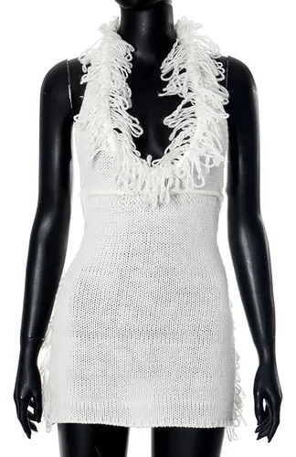 Vestido De Punto Halter Con Flecos, Espalda Abierta, Ropa De