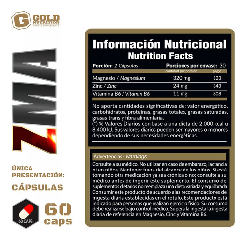 Zma Gold Nutrition Zinc Magnesio Precursor De Testosterona S/sabor