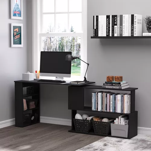 HOMCOM Escritorio esquinero en forma de L, escritorio de oficina en casa  giratorio de 360 grados con estantes de almacenamiento, estación de trabajo
