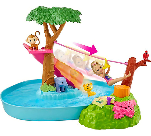 Conjunto Aventura No Rio - Acompanha Acessórios E Boneca Menina Chelsea - Com Mini Animais Pets Escorregador Na Água E Tirolesa - Dreamhouse Adventures - Irmã Da Barbie - Mattel Brinquedos