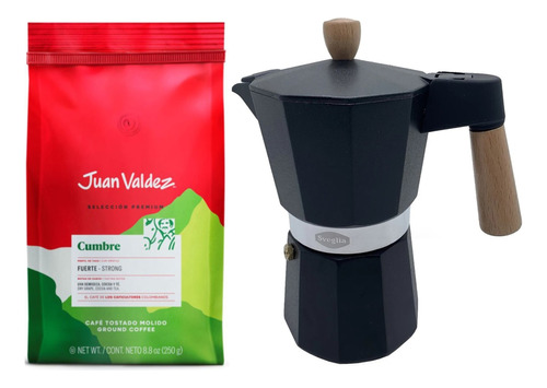 Pack Café Juan Valdez Molido 250gr + Cafetera Moka 3 Tazas